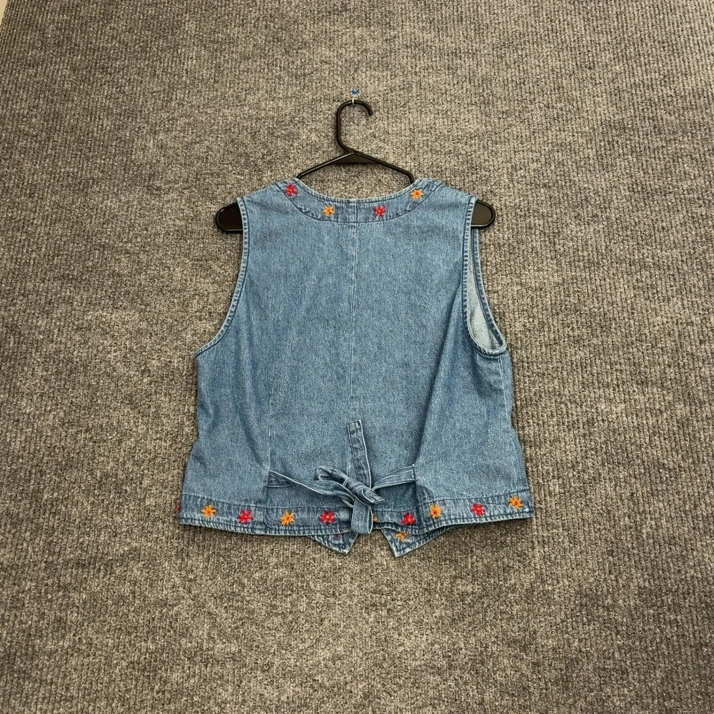 Vintage Orvis Vest Women L Blue Denim Floral Embroidered Cotton Boho Cottagecore - Picture 4 of 6